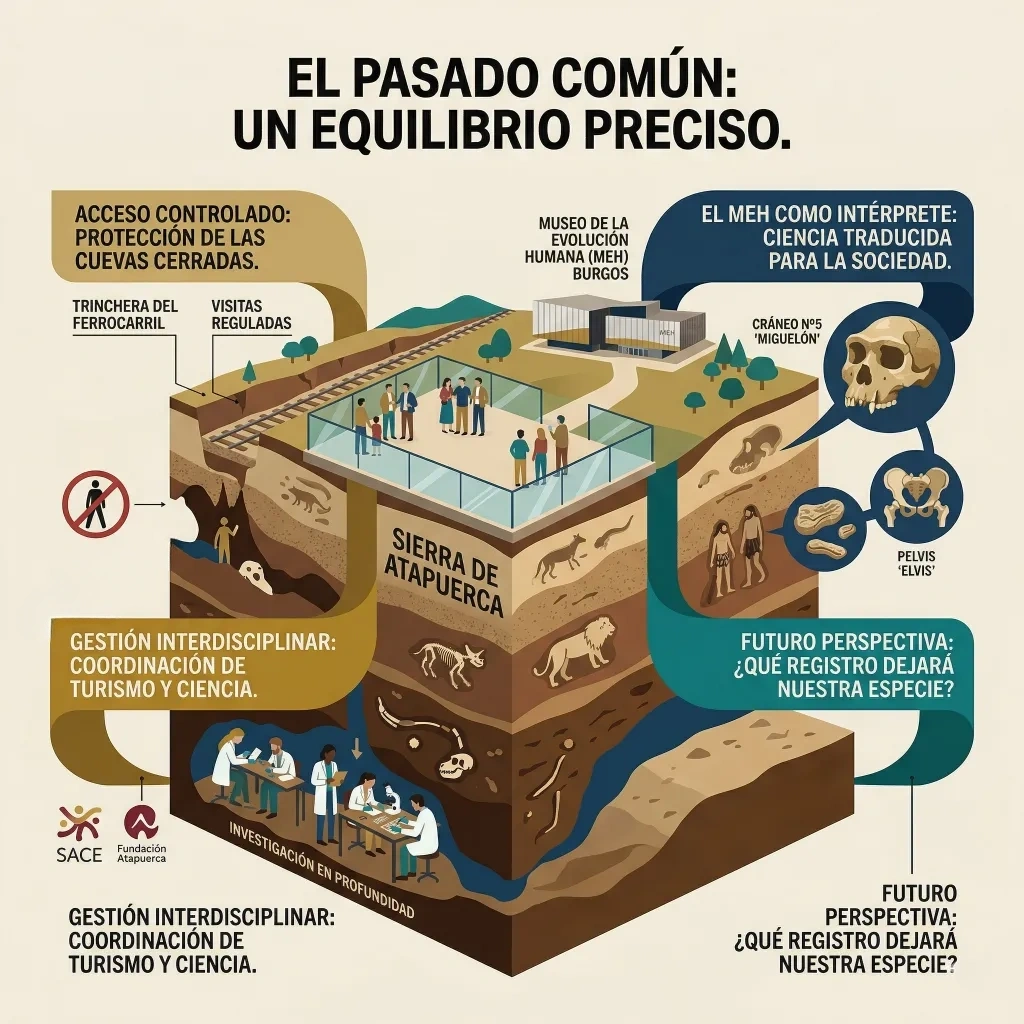 Infografía sobre la gestión de Atapuerca que muestra el equilibrio entre conservación, investigación científica, turismo regulado y divulgación a través del Museo de la Evolución Humana.