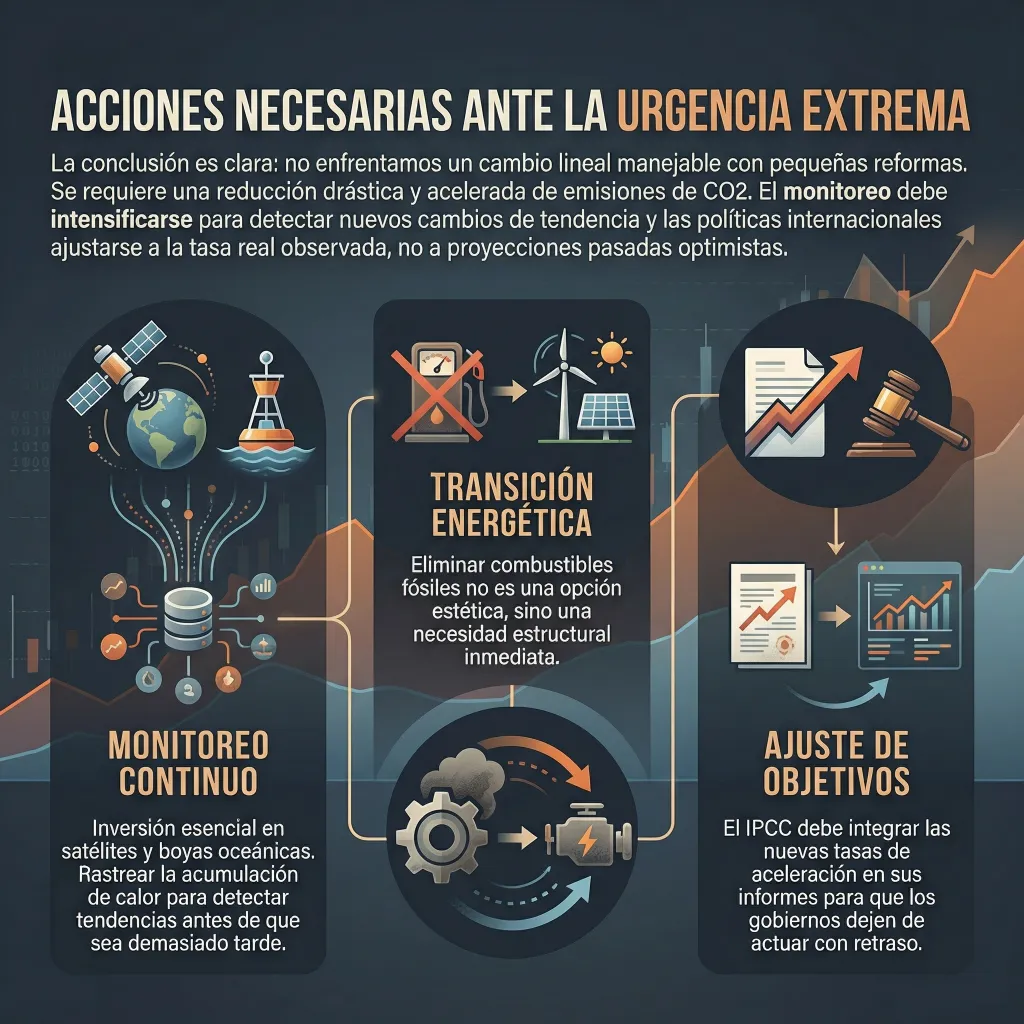 Acciones necesarias ante la urgencia climática extrema Infografía titulada “Acciones necesarias ante la urgencia extrema” que muestra tres bloques: monitoreo continuo con satélites y datos, transición energética hacia energías renovables y ajuste de objetivos políticos con gráficos ascendentes.