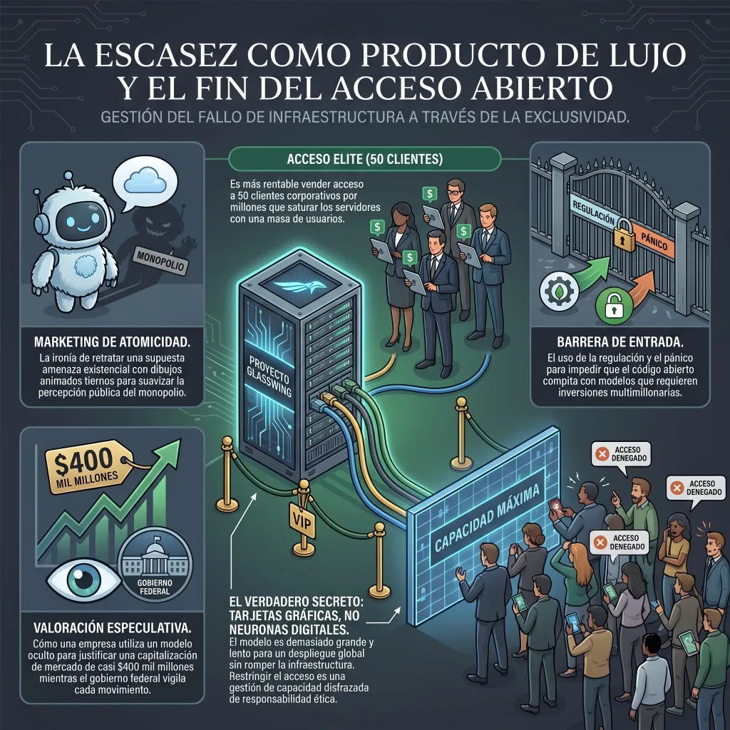 Infografía titulada "La escasez como producto de lujo y el fin del acceso abierto". Muestra un servidor del "Proyecto Glasswing" con una zona VIP para clientes corporativos, mientras una multitud externa recibe un mensaje de "Capacidad máxima". Incluye ilustraciones de un robot amigable ocultando un monopolio y una puerta cerrada con candados de regulación y pánico.