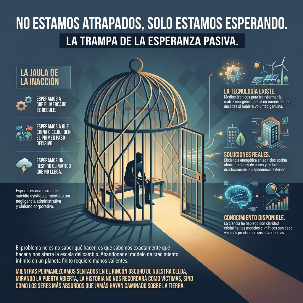 Infografía sobre la inacción en la transición energética que representa a una persona dentro de una jaula abierta, simbolizando cómo disponemos de tecnología, conocimiento y soluciones pero seguimos esperando en lugar de actuar