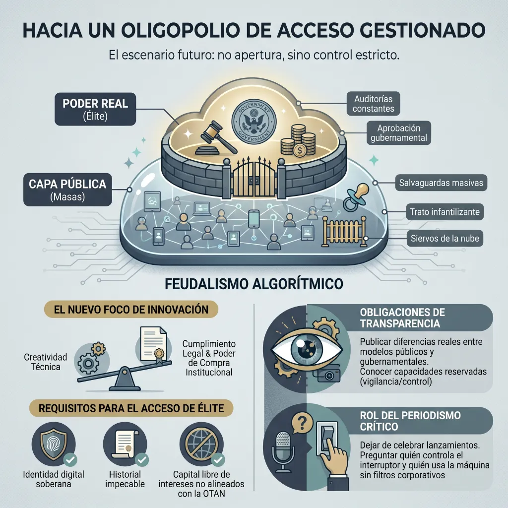 Infografía titulada "Hacia un oligopolio de acceso gestionado". Ilustra el concepto de "Feudalismo Algorítmico" dividiendo el ecosistema en dos niveles: un "Poder Real" o élite bajo control y aprobación gubernamental, y una "Capa Pública" para las masas, caracterizada por salvaguardas masivas y un trato infantilizante. En la parte inferior, detalla el cambio en el foco de innovación hacia el cumplimiento legal, los estrictos requisitos de seguridad para el acceso de élite (identidad soberana e historial impecable), y resalta la necesidad de transparencia y de un periodismo crítico que cuestione quién controla la tecnología.