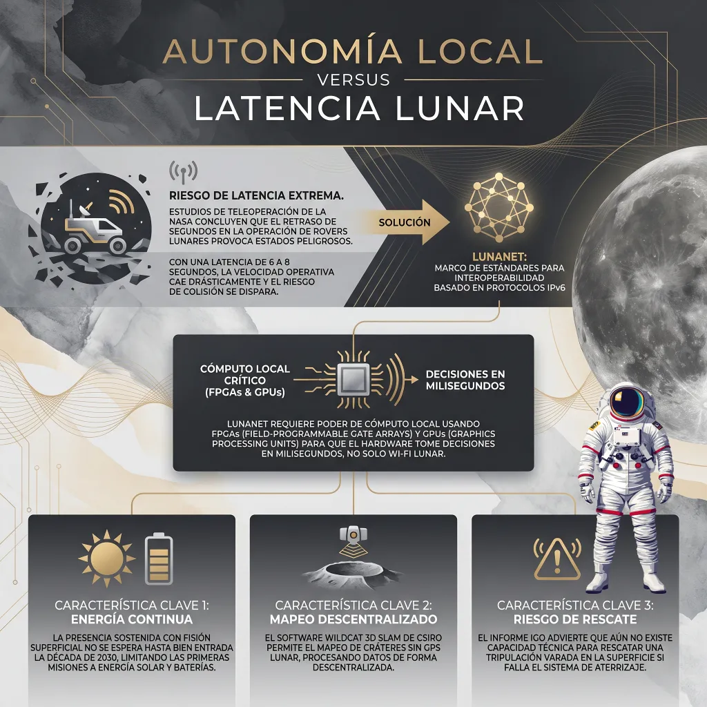 Infografía titulada "Autonomía Local versus Latencia Lunar" que explica por qué el control remoto desde la Tierra es inviable. Detalla que la latencia de 6 a 8 segundos dispara el riesgo de colisión, proponiendo como solución LunaNet (basado en IPv6) y el uso de FPGAs y GPUs para el procesamiento local de datos en milisegundos. Incluye tres secciones clave: la limitación a energía solar y baterías hasta la década de 2030, el mapeo descentralizado con software Wildcat 3D SLAM, y la advertencia del informe de la OIG sobre la falta de capacidad técnica para rescatar tripulaciones varadas.