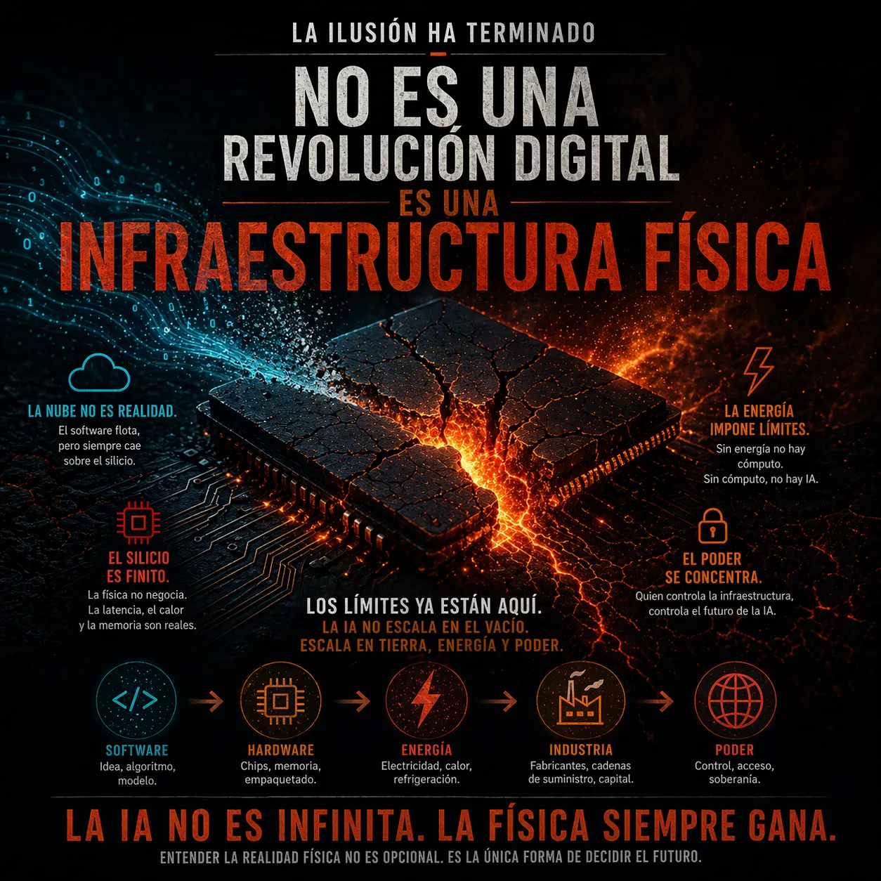 Infografía que muestra que la inteligencia artificial no es una revolución digital sino una infraestructura física, destacando los límites del silicio, la energía, el hardware y la concentración de poder, con un chip fracturado como metáfora de los límites físicos de la IA.