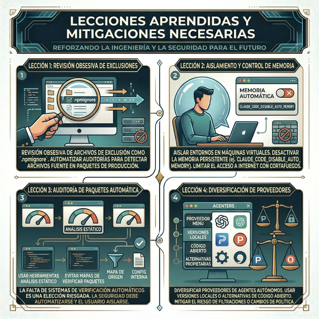 Infografía titulada “Lecciones aprendidas y mitigaciones necesarias” que presenta medidas de seguridad como revisión de exclusiones, aislamiento de entornos, auditoría automática de paquetes y diversificación de proveedores tras la filtración.
