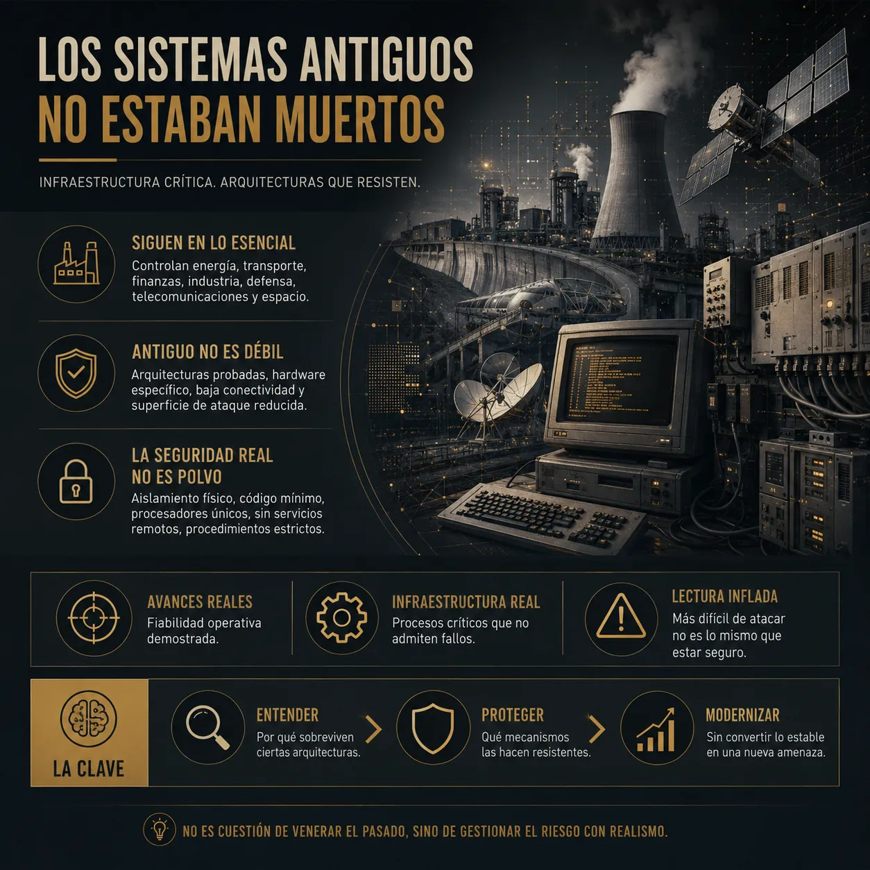 Los sistemas antiguos no estaban muertos | Infraestructura crítica y sistemas legacy resistentes Infografía editorial sobre sistemas legacy e infraestructuras críticas resistentes, mostrando centrales industriales, satélites, hardware antiguo y arquitectura tecnológica de baja conectividad utilizada en sectores estratégicos como energía, telecomunicaciones y defensa.