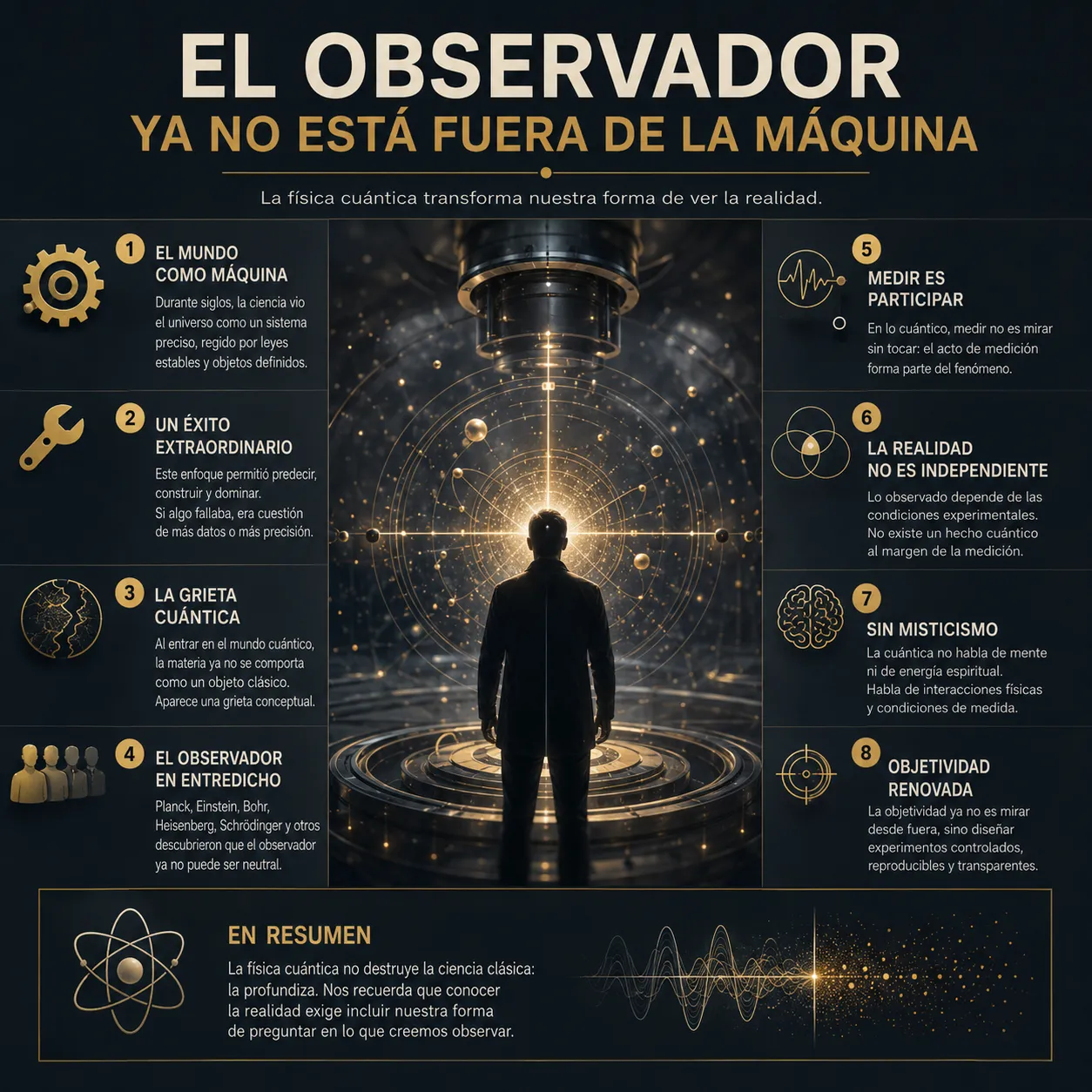 El observador ya no está fuera de la máquina Infografía titulada “El observador ya no está fuera de la máquina”, sobre el papel de la medición y del observador en la física cuántica.