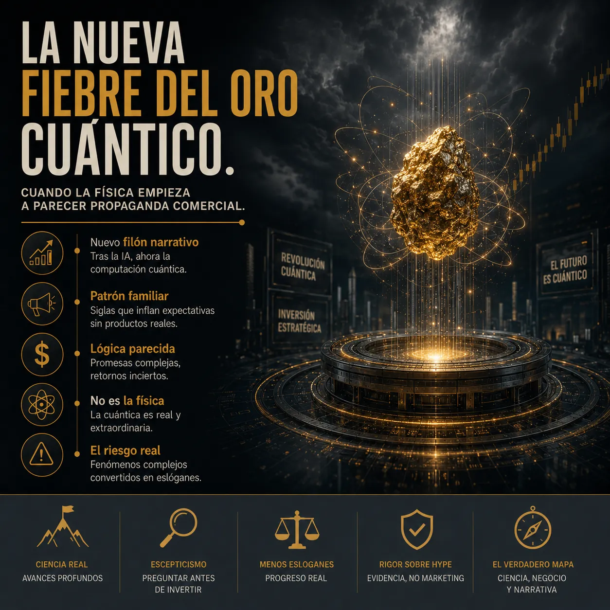 Infografía de TecnoTimes sobre la fiebre comercial de la computación cuántica, representada por una pepita de oro futurista entre ciencia, inversión y expectativas infladas.
