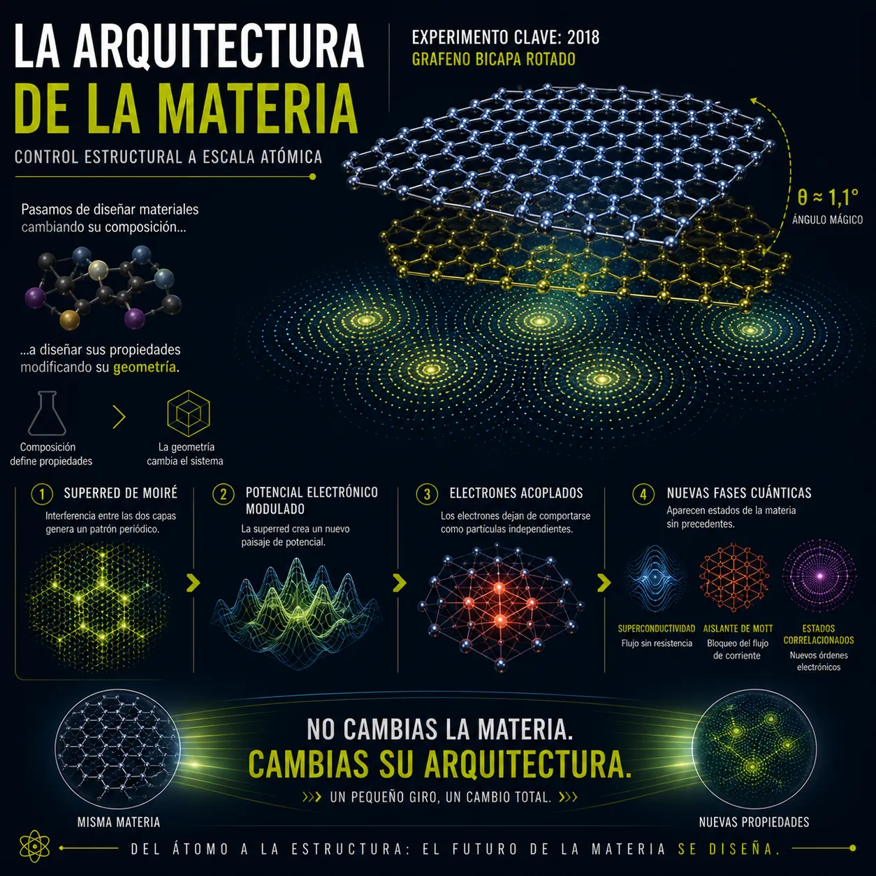 Infografía científica sobre grafeno bicapa rotado titulada La Arquitectura de la Materia, explicando el ángulo mágico de 1,1 grados y la creación de superredes de Moiré para nuevas fases cuánticas como la superconductividad.