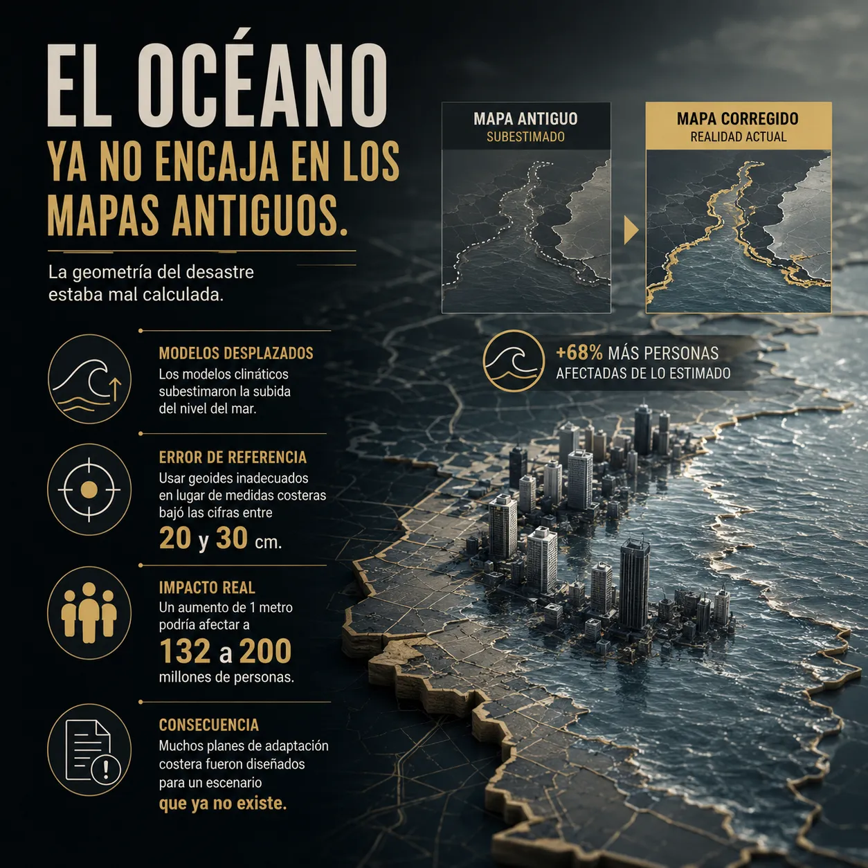 Infografía editorial sobre la subida del nivel del mar y la subestimación de los modelos climáticos, mostrando mapas costeros corregidos, ciudades parcialmente inundadas y datos sobre el impacto humano y científico del aumento oceánico.