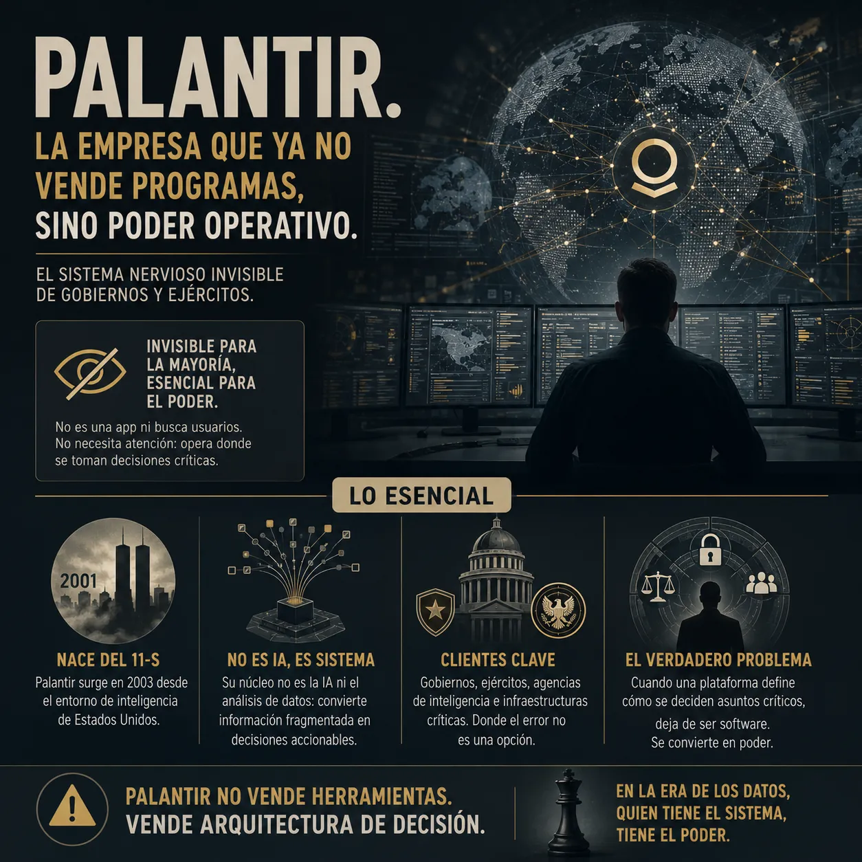 Infografía editorial de TecnoTimes sobre Palantir Technologies, mostrando su papel como infraestructura operativa para gobiernos, inteligencia y ejércitos. La imagen representa una sala de control conectada a una red global de datos, destacando vigilancia, análisis estratégico y arquitectura de decisión basada en datos.