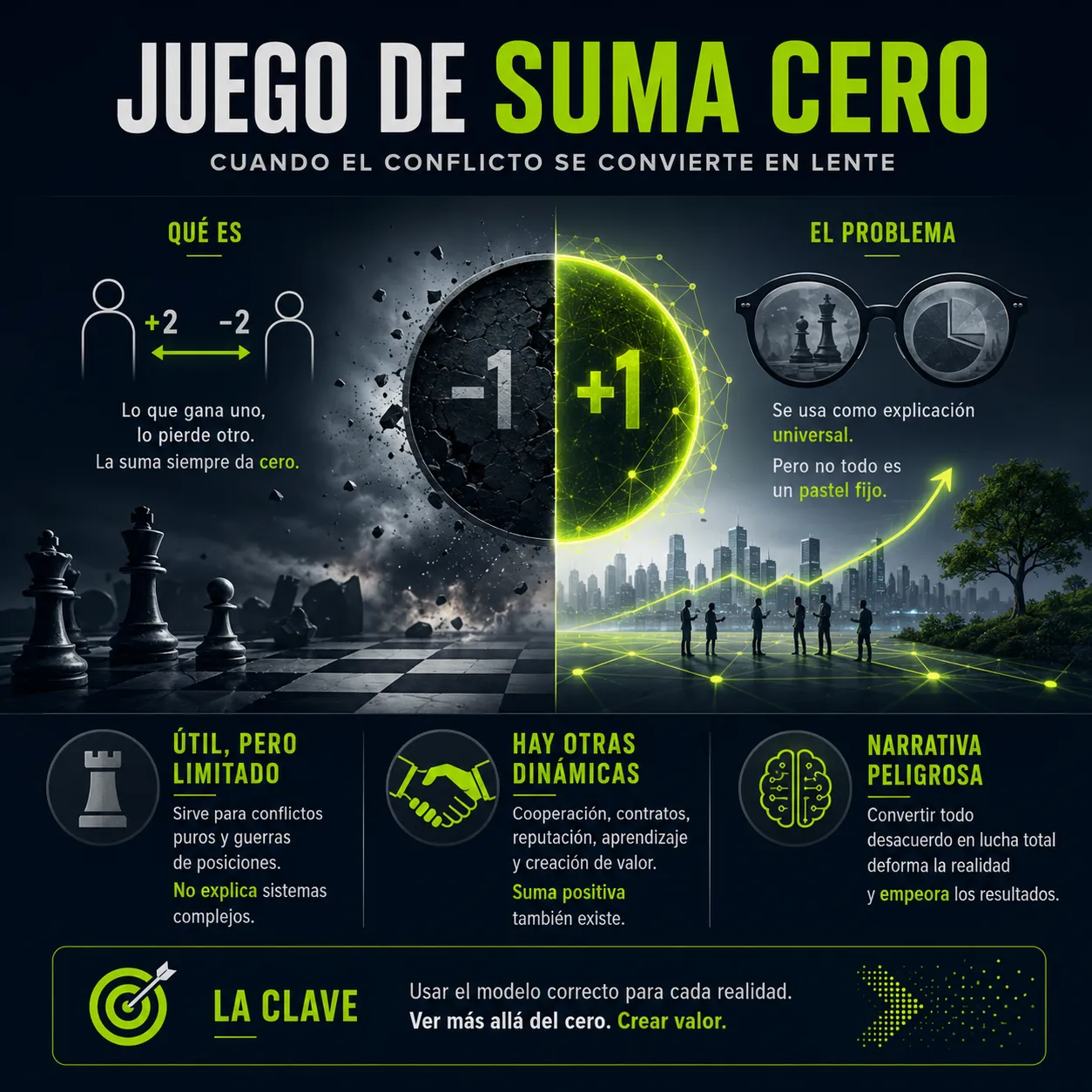 Infografía editorial de TecnoTimes sobre el juego de suma cero, representado mediante piezas de ajedrez, equilibrio entre pérdida y ganancia, conflicto estratégico y límites del modelo aplicado a economía, política y cooperación.