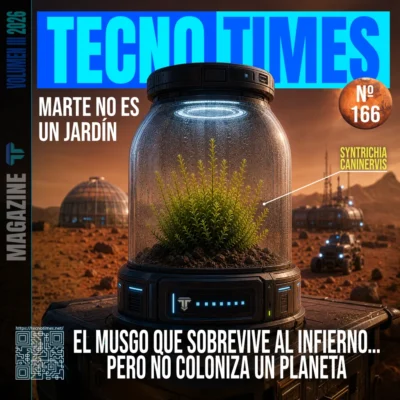 Portada de la revista TecnoTimes Nº 166 titulada "Marte no es un jardín". La imagen muestra un ejemplar del musgo Syntrichia caninervis creciendo dentro de una cápsula tecnológica sobre el suelo desértico de Marte, con una base científica y un rover al fondo bajo un cielo anaranjado.