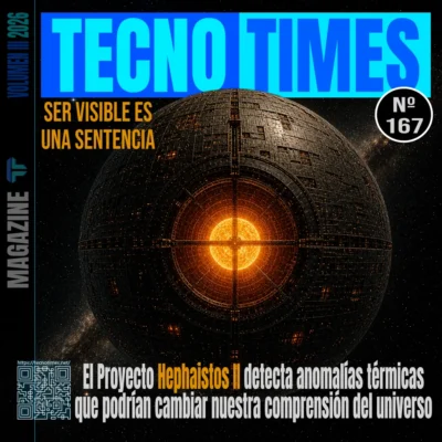 Portada de la revista Tecno Times Nº 167 mostrando una megaestructura estelar tipo esfera de Dyson en el espacio. Incluye los titulares "Ser visible es una sentencia" y "El Proyecto Hephaistos II detecta anomalías térmicas que podrían cambiar nuestra comprensión del universo".