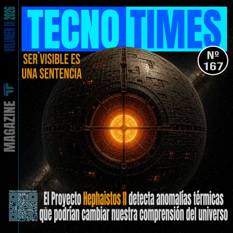 Portada de la revista Tecno Times Nº 167 mostrando una megaestructura estelar tipo esfera de Dyson en el espacio. Incluye los titulares "Ser visible es una sentencia" y "El Proyecto Hephaistos II detecta anomalías térmicas que podrían cambiar nuestra comprensión del universo".