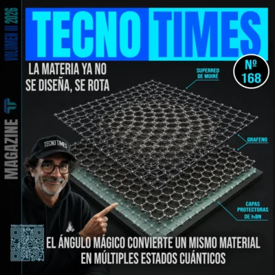 Portada de la revista TecnoTimes número 168 titulada «La materia ya no se diseña, se rota». Muestra una ilustración técnica de capas de grafeno rotadas sobre hBN (nitruro de boro hexagonal) y una imagen del editor señalando la estructura de la superred de Moiré.
