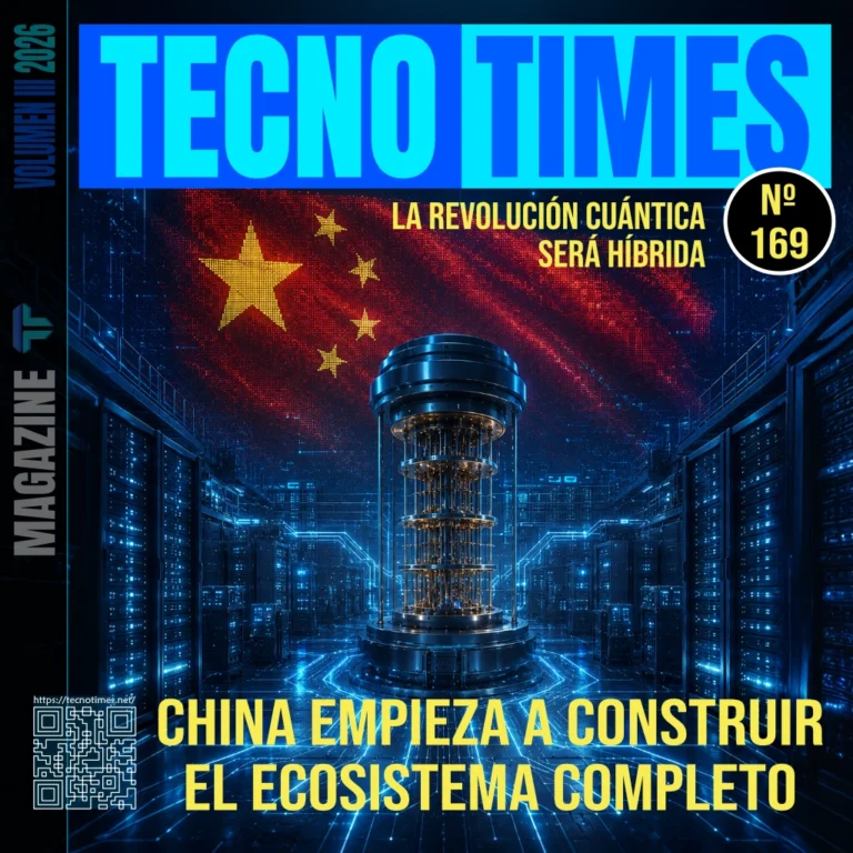 Portada de TecnoTimes Nº 169 sobre la industrialización de la computación cuántica en China, mostrando un procesador cuántico dentro de un centro de datos híbrido y una bandera china digital como símbolo de soberanía tecnológica y ecosistema cuántico integral.