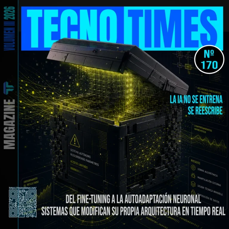 Portada de TecnoTimes Nº 170 sobre inteligencia artificial autoevolutiva mostrando una caja negra tecnológica abierta de la que emergen estructuras neuronales digitales y flujos de datos autónomos.