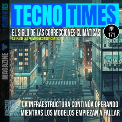 Portada de TecnoTimes número 171 mostrando una ciudad parcialmente inundada mientras la infraestructura urbana continúa funcionando, ilustrando el impacto del cambio climático y los errores acumulados en los modelos climáticos.