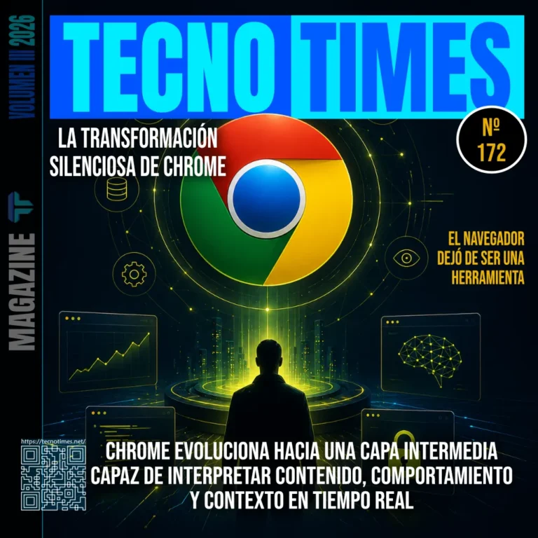 Portada de TecnoTimes Nº 172 dedicada a la transformación silenciosa de Chrome y Chromium, mostrando cómo el navegador evoluciona hacia una plataforma capaz de interpretar contenido, contexto y comportamiento mediante inteligencia artificial integrada.