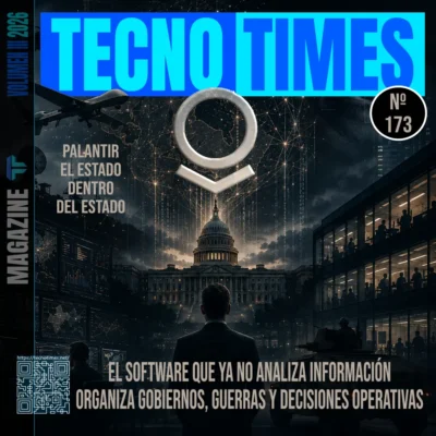 Portada Nº 173 de TecnoTimes dedicada a Palantir y el auge del Estado algorítmico. La imagen muestra el Capitolio de Estados Unidos conectado a redes globales de datos, centros operativos y vigilancia digital, simbolizando la integración entre software, inteligencia artificial y poder estatal.