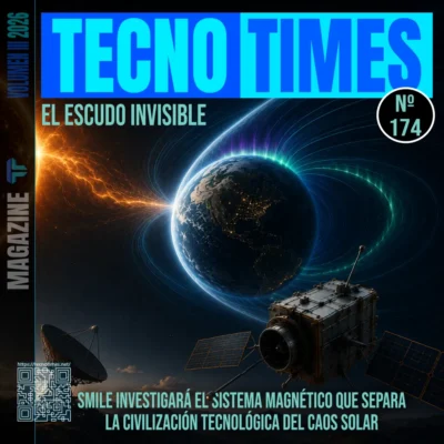 Portada de TecnoTimes nº 174 sobre la misión espacial SMILE y la magnetosfera terrestre, mostrando la interacción entre el viento solar, la Tierra y un satélite científico en órbita.
