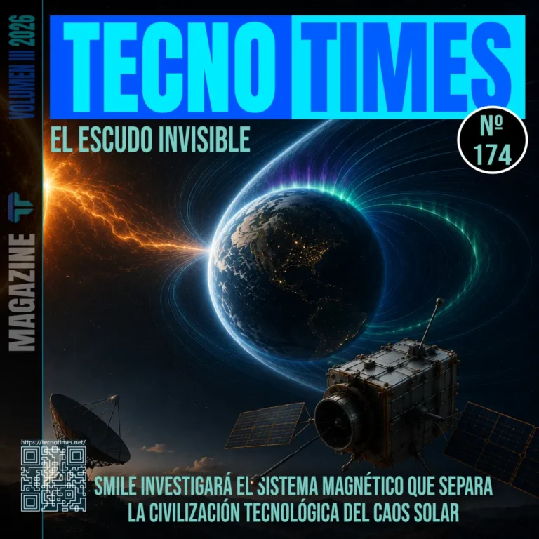 Portada de TecnoTimes nº 174 sobre la misión espacial SMILE y la magnetosfera terrestre, mostrando la interacción entre el viento solar, la Tierra y un satélite científico en órbita.