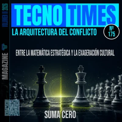 Portada Nº 175 de TecnoTimes sobre teoría de juegos y suma cero, con dos reyes de ajedrez enfrentados sobre un tablero iluminado y enfoque editorial crítico sobre conflicto estratégico y exageración cultural.