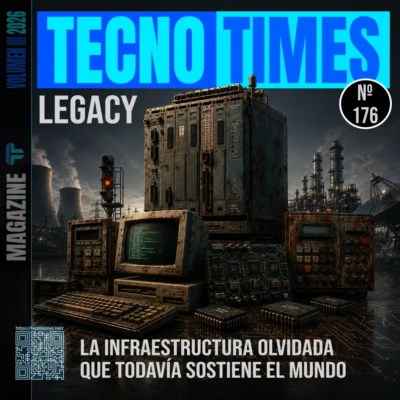 Portada de TecnoTimes número 176 dedicada a los sistemas legacy e infraestructuras críticas, mostrando hardware industrial antiguo, terminales informáticos clásicos y entornos industriales que todavía sostienen sectores estratégicos modernos.