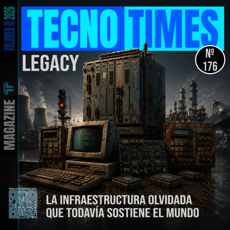 Portada de TecnoTimes número 176 dedicada a los sistemas legacy e infraestructuras críticas, mostrando hardware industrial antiguo, terminales informáticos clásicos y entornos industriales que todavía sostienen sectores estratégicos modernos.