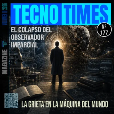 Portada de TecnoTimes Nº 177 titulada “El colapso del observador imparcial”, con una escena de laboratorio futurista donde un observador contempla una figura humanoide fragmentada entre fórmulas, instrumentación científica y estructuras cuánticas.