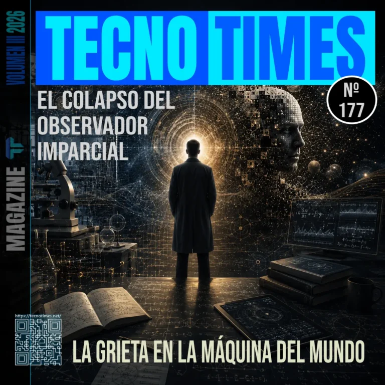 Portada de TecnoTimes Nº 177 titulada “El colapso del observador imparcial”, con una escena de laboratorio futurista donde un observador contempla una figura humanoide fragmentada entre fórmulas, instrumentación científica y estructuras cuánticas.