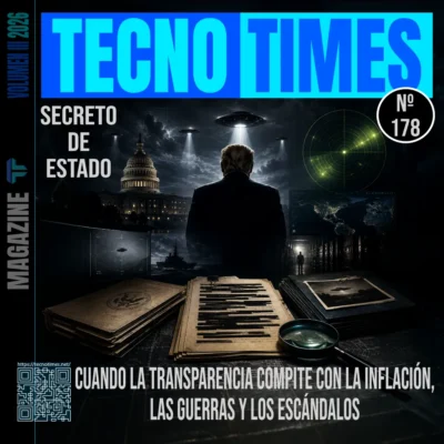 Portada número 178 de TecnoTimes dedicada al análisis de los expedientes UAP en Estados Unidos. La imagen muestra documentos clasificados, fenómenos aéreos no identificados, el Capitolio estadounidense y referencias a inteligencia, vigilancia y archivos oficiales, en un contexto de tensión política y mediática.