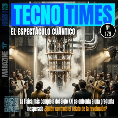 Portada de TecnoTimes nº 179 dedicada al espectáculo cuántico. Muestra un ordenador cuántico criogénico rodeado de periodistas y cámaras, simbolizando la tensión entre la investigación científica y la narrativa mediática.