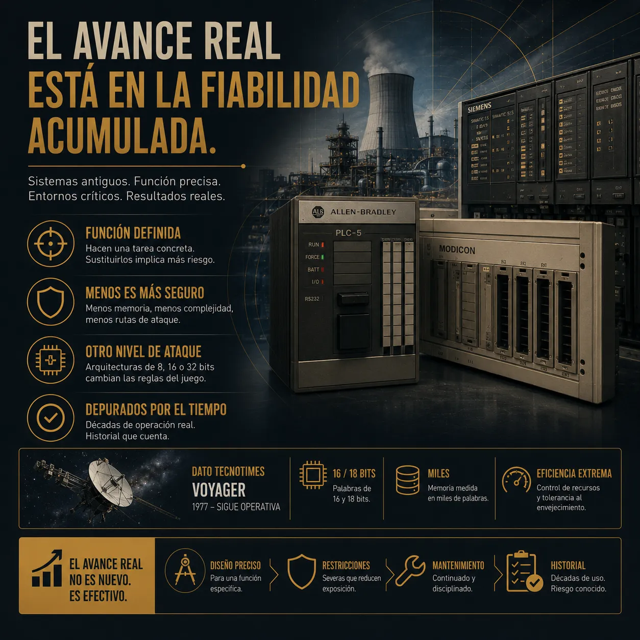 El avance real está en la fiabilidad acumulada | Sistemas industriales legacy y resiliencia operativa Infografía sobre sistemas industriales legacy y fiabilidad operativa acumulada, mostrando PLCs clásicos, infraestructuras energéticas y hardware industrial utilizado en entornos críticos donde la estabilidad y el mantenimiento pesan más que la modernización constante.