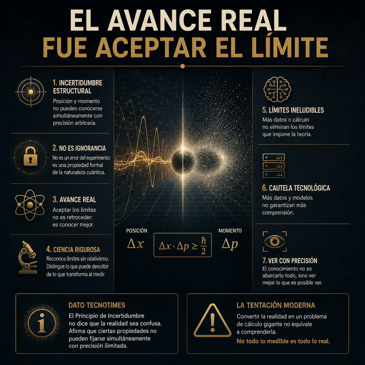 El avance real fue aceptar el límite Infografía titulada “El avance real fue aceptar el límite”, sobre el Principio de Incertidumbre y la imposibilidad de conocer simultáneamente posición y momento con precisión arbitraria.
