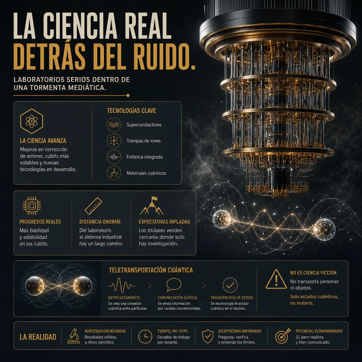 Infografía de TecnoTimes sobre los avances reales de la computación cuántica, mostrando un procesador cuántico, tecnologías emergentes y la diferencia entre investigación científica y expectativas mediáticas.