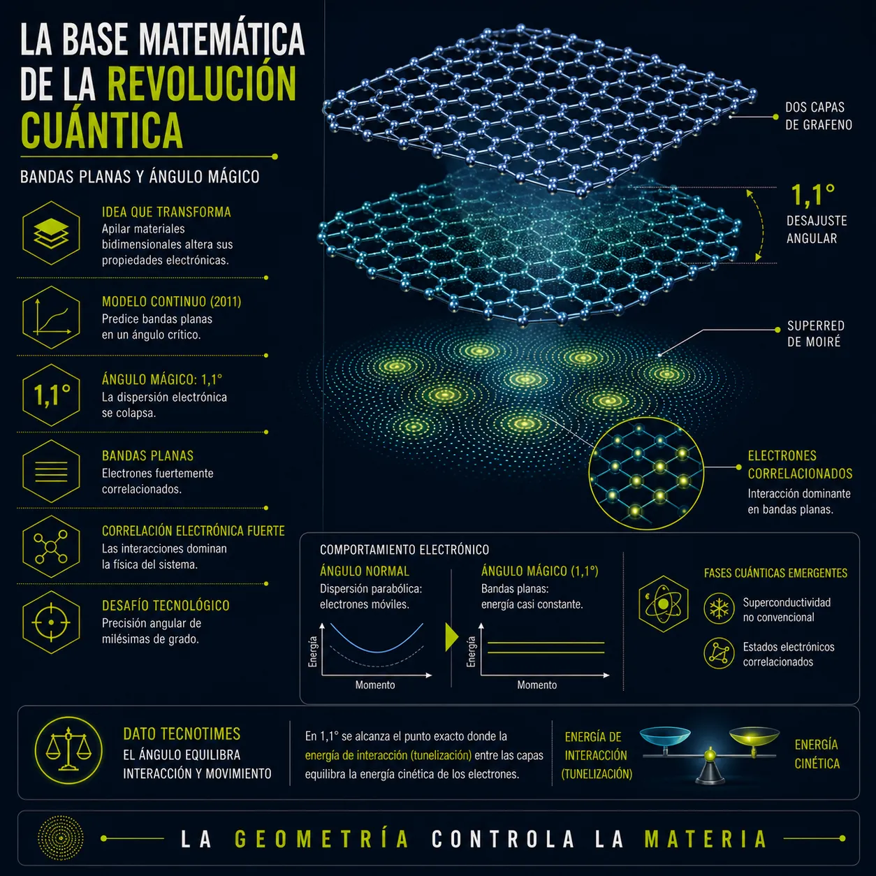 Infografía sobre la base matemática de la revolución cuántica que explica las bandas planas y el ángulo mágico de 1,1 grados en el grafeno bicapa. Incluye diagramas de comportamiento electrónico, superredes de Moiré y el equilibrio entre energía de interacción y cinética.