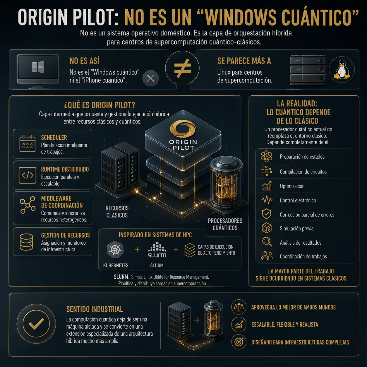 Infografía de TecnoTimes que explica cómo Origin Pilot funciona como una capa de orquestación híbrida entre computación clásica y cuántica, comparándolo con sistemas HPC como Kubernetes y SLURM, y mostrando que la mayor parte del trabajo sigue ocurriendo sobre infraestructura clásica.