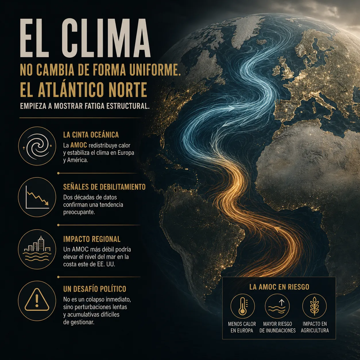 Infografía científica sobre el debilitamiento de la circulación oceánica AMOC en el Atlántico Norte, mostrando corrientes marinas globales, riesgos climáticos regionales y posibles impactos sobre Europa, inundaciones y agricultura.