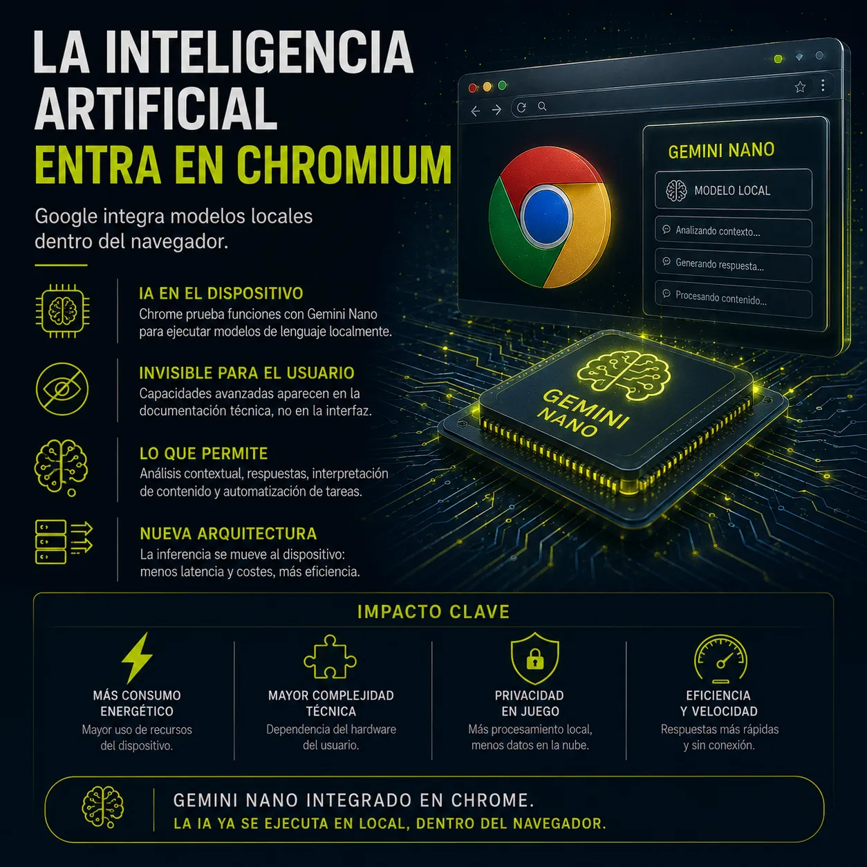 Gemini Nano en Chromium | Inteligencia artificial local integrada dentro del navegador Chrome | TecnoTimes Infografía de TecnoTimes sobre la integración de Gemini Nano en Chromium, mostrando cómo Google introduce modelos de inteligencia artificial local dentro del navegador para ejecutar procesamiento y análisis directamente en el dispositivo.