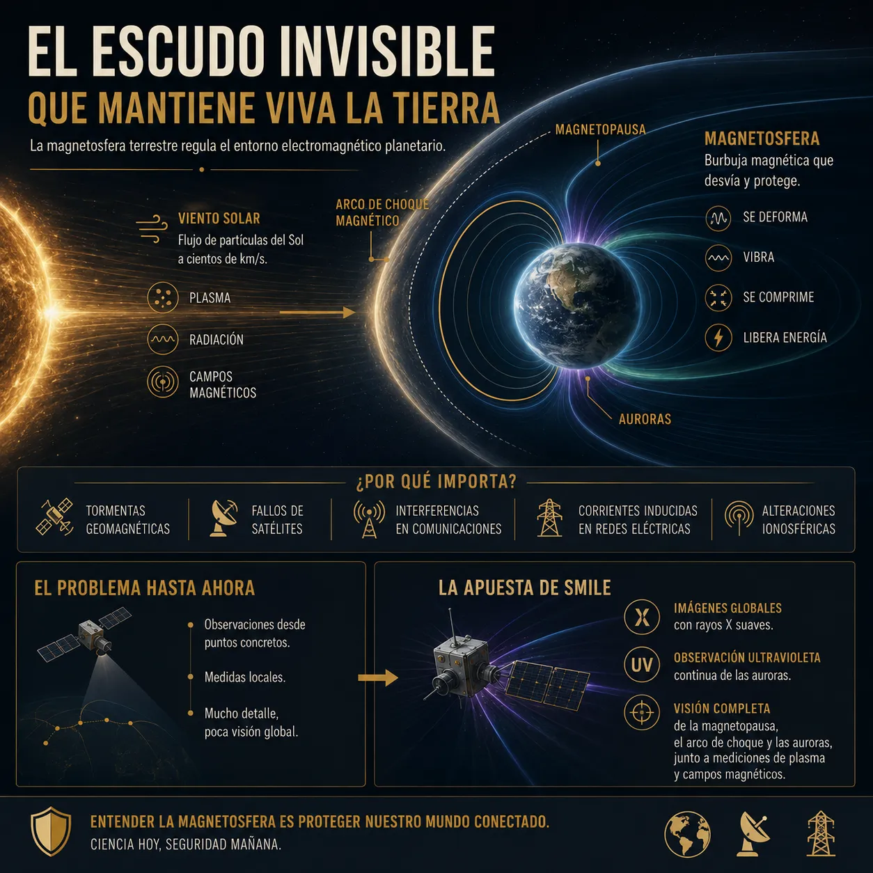 El escudo invisible que protege la Tierra: magnetosfera y misión espacial SMILE Infografía científica sobre la magnetosfera terrestre y la misión SMILE, mostrando cómo el viento solar interactúa con el campo magnético de la Tierra y sus efectos sobre satélites, comunicaciones y redes eléctricas.