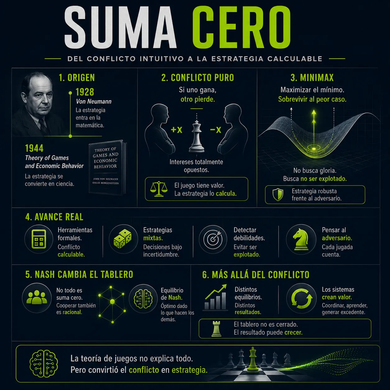 Infografía editorial de TecnoTimes sobre teoría de juegos y suma cero, con referencias visuales a John von Neumann, minimax, equilibrio de Nash, conflicto estratégico y sistemas de cooperación representados mediante ajedrez, diagramas matemáticos y redes.