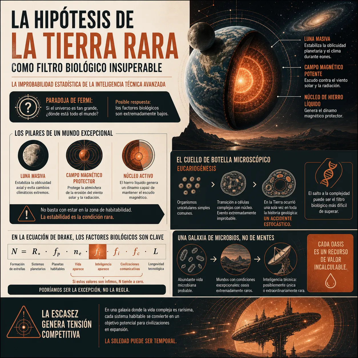Infografía sobre la Hipótesis de la Tierra Rara como filtro biológico insuperable. Ilustra los pilares de un planeta excepcional (luna masiva, campo magnético y núcleo activo), el cuello de botella evolutivo de la eucariogénesis y el impacto de los factores biológicos en la Ecuación de Drake para explicar la escasez de inteligencia técnica avanzada.