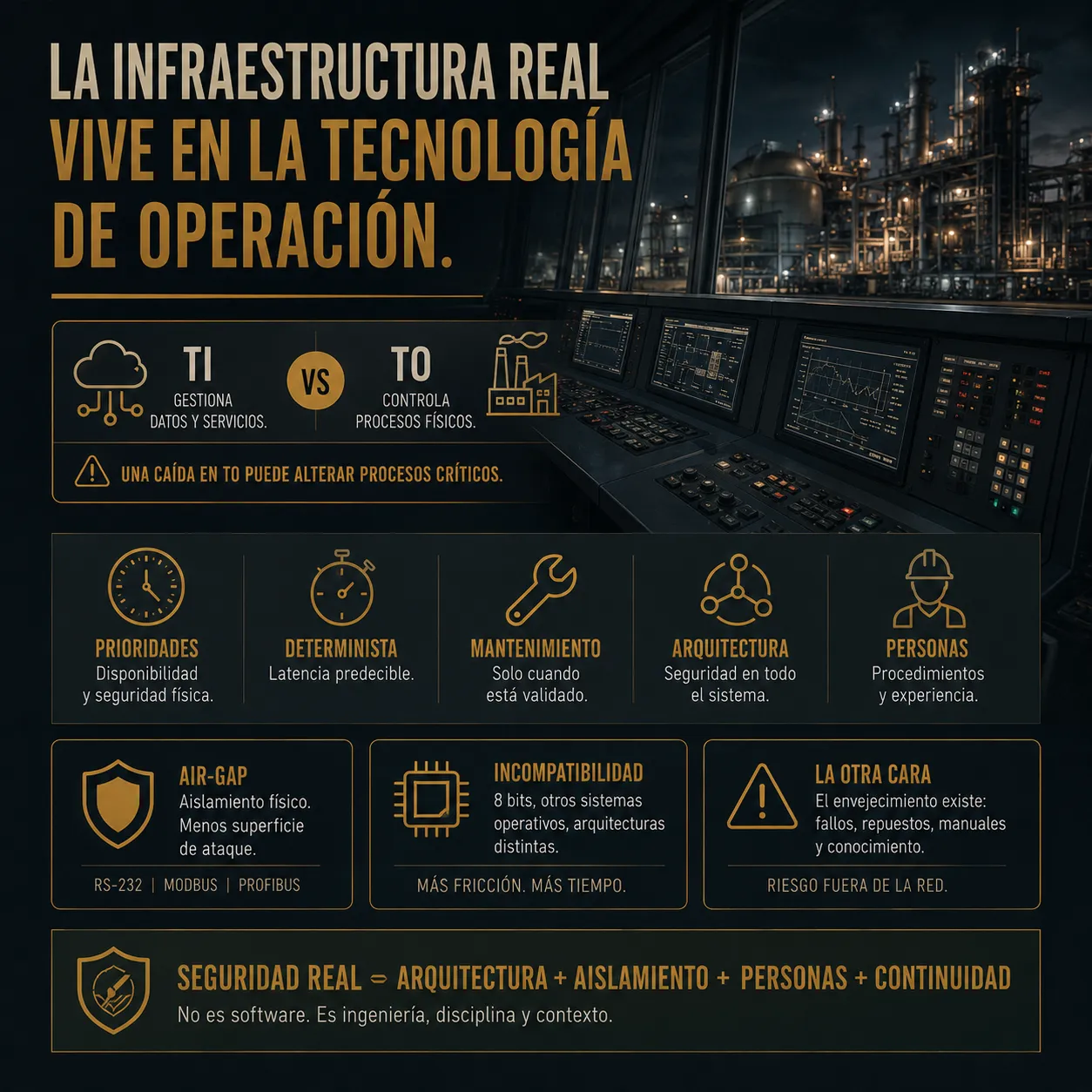 La infraestructura real vive en la tecnología de operación | Seguridad y arquitectura OT industrial Infografía sobre tecnología operacional (TO) e infraestructuras industriales críticas, mostrando una sala de control industrial, sistemas SCADA y conceptos como air-gap, protocolos industriales y arquitectura OT orientada a disponibilidad, continuidad y seguridad física.