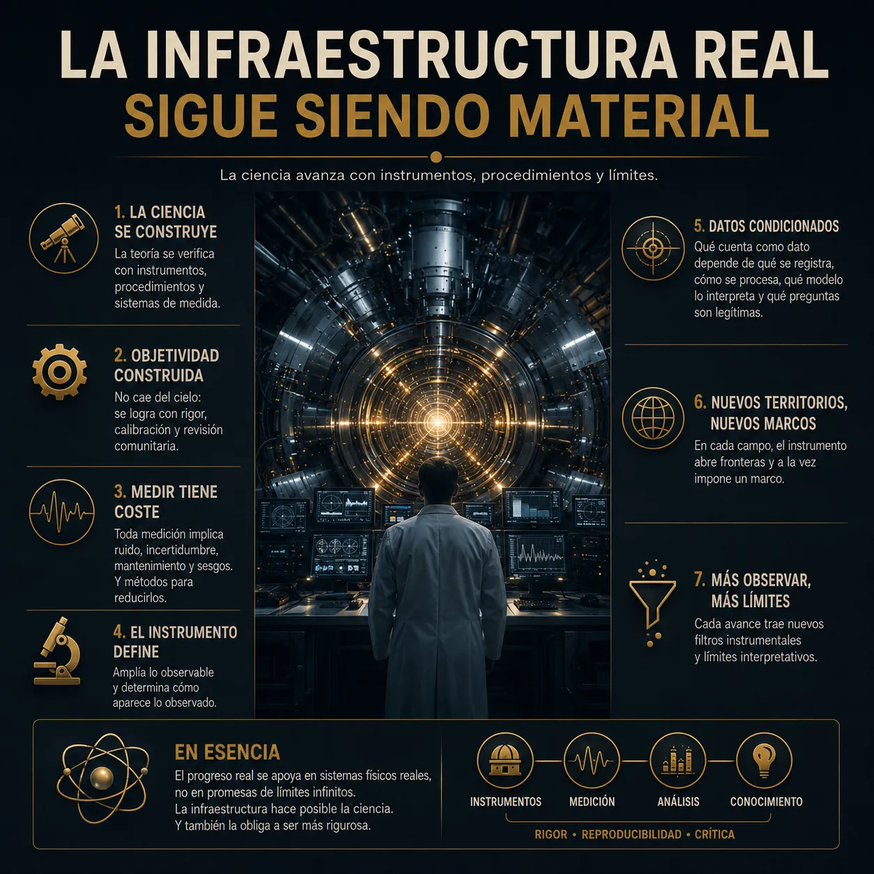 La infraestructura real sigue siendo material Infografía titulada “La infraestructura real sigue siendo material”, sobre cómo la ciencia depende de instrumentos, procedimientos, mediciones, calibración y límites técnicos para construir conocimiento fiable.