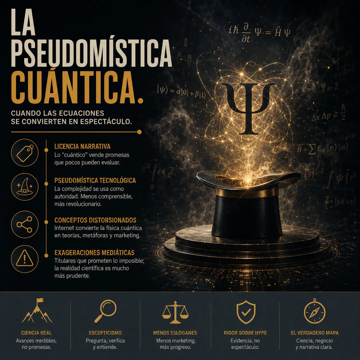 Infografía de TecnoTimes sobre la pseudomística cuántica, representada por símbolos científicos emergiendo de un sombrero de mago para ilustrar la confusión entre ciencia, marketing y pensamiento mágico.