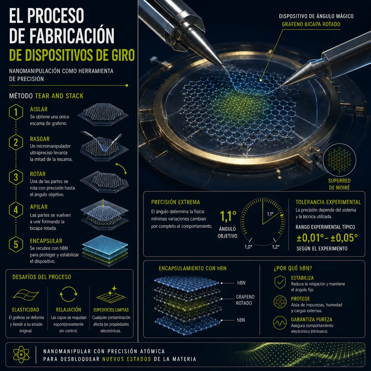 Infografía técnica que detalla el proceso de fabricación de dispositivos de grafeno bicapa rotado mediante el método «Tear and Stack». Describe los pasos de aislamiento, rasgado, rotación, apilado y encapsulamiento con hBN, destacando la precisión extrema necesaria de 1,1 grados.