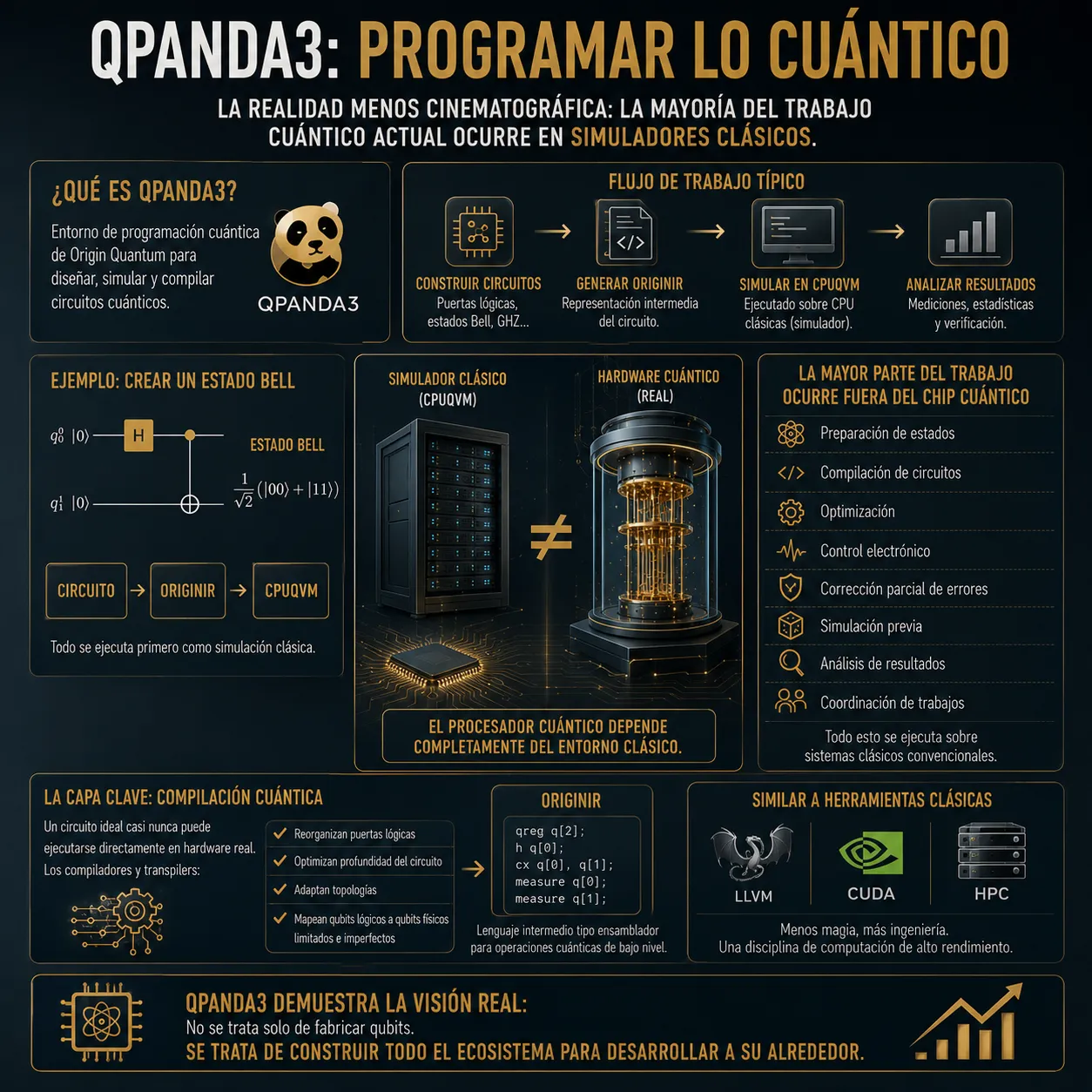 Infografía de TecnoTimes sobre QPanda3 y el desarrollo de software cuántico, mostrando simulación clásica mediante CPUQVM, compilación cuántica, generación de estados Bell y el flujo híbrido entre sistemas clásicos y hardware cuántico real.