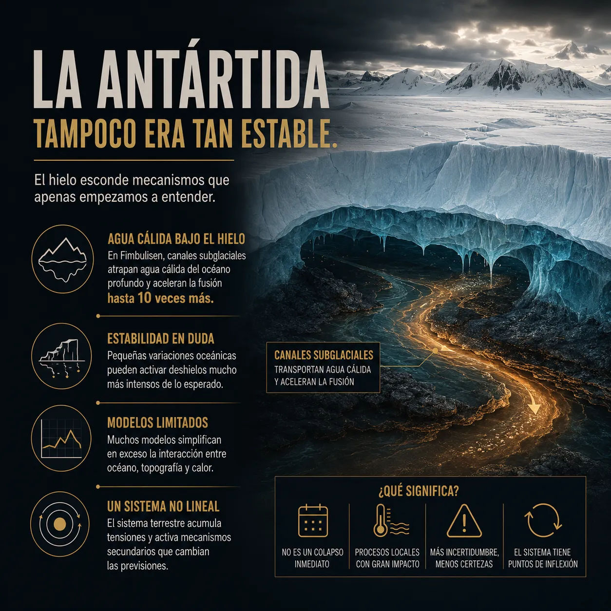 nfografía científica sobre la inestabilidad del hielo antártico, mostrando canales subglaciales bajo la Antártida, circulación de agua cálida bajo plataformas de hielo y riesgos asociados al deshielo acelerado.