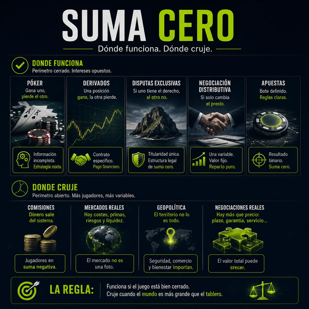 Infografía editorial de TecnoTimes sobre los límites reales de la suma cero, comparando escenarios donde el modelo funciona y situaciones complejas donde aparecen cooperación, costes, mercados abiertos y múltiples variables estratégicas.